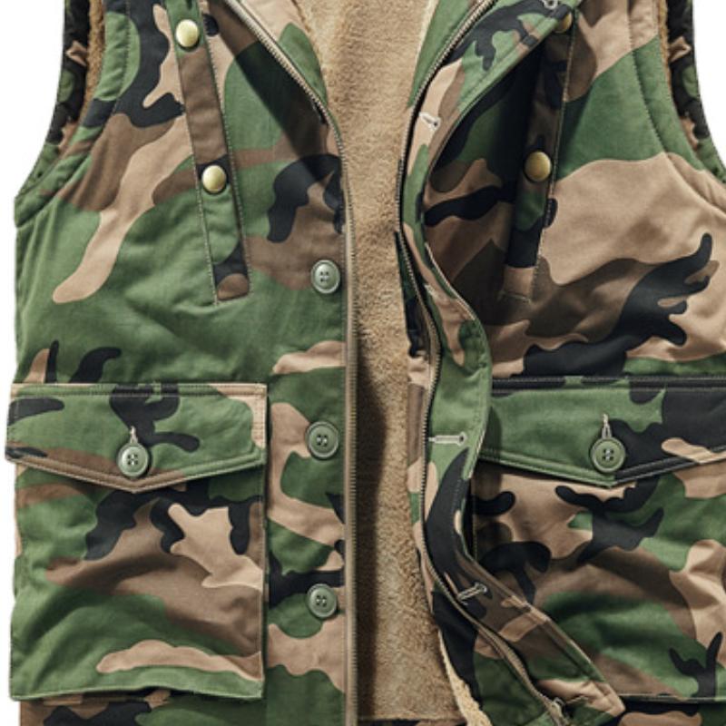 Men's Retro Camouflage Plush Lining Warm Hooded Cargo Vest 73623399Y