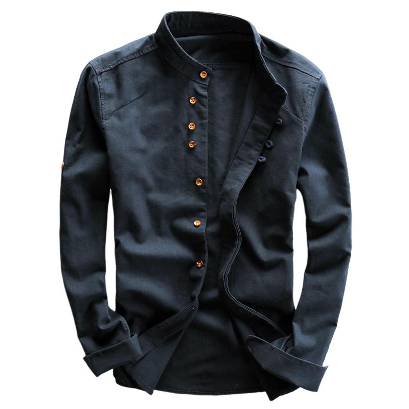 Chemise à col montant vintage en coton et lin pour homme 77017951U