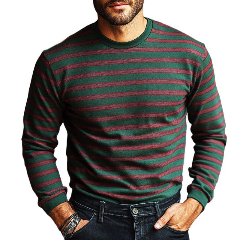 Men's Retro Casual Striped Printed Round Neck Long Sleeve T-Shirt 10200797TO