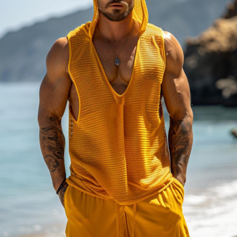 Men's Solid Color Breathable Knitted Hooded Sleeveless Tank Top 12031511Y