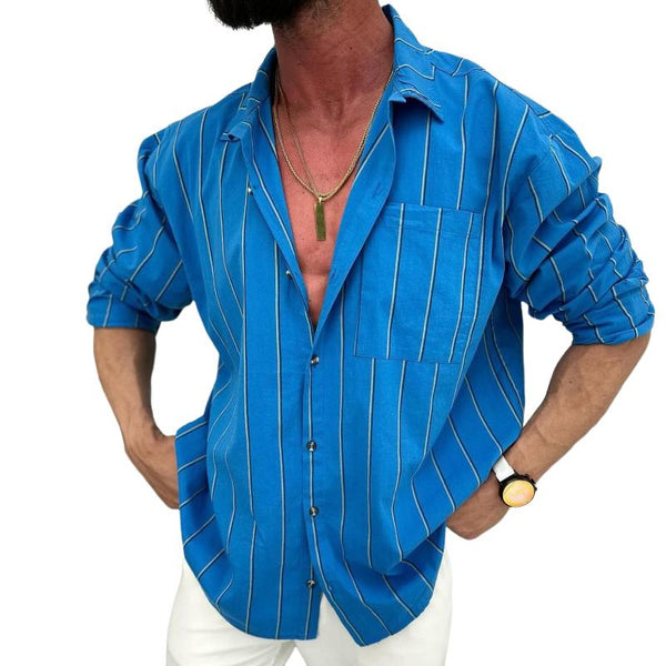 Men's Casual Cotton Linen Lapel Long-sleeved Shirt 58000554TO