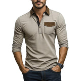 Men's Casual Suede Patchwork Lapel Slim Fit Long Sleeve Polo Shirt 50638288M