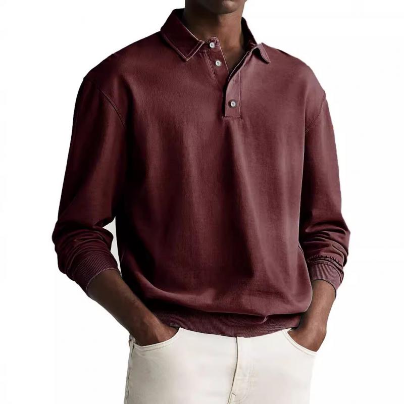 Men's Casual Cotton Blended Lapel Loose Long Sleeve Polo Shirt 58473426M