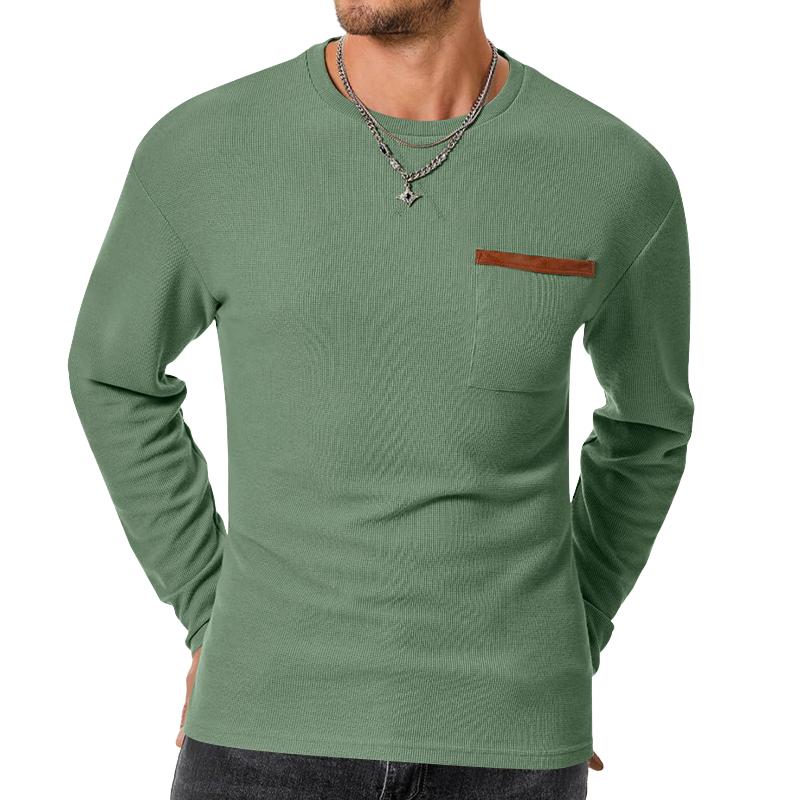 Camiseta informal de manga larga con cuello redondo y bolsillo de parche con diseño de gofres para hombre 39943180M