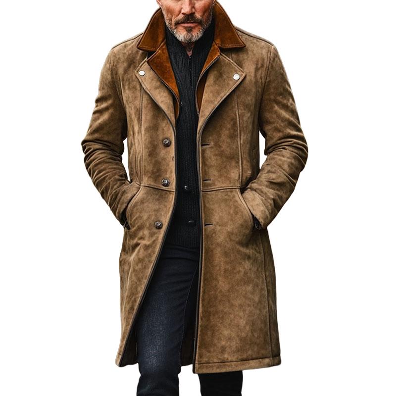 Cappotto vintage da uomo in pelle scamosciata con doppio colletto, lunghezza media 50714352X