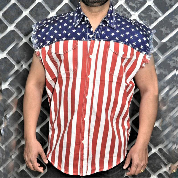 Men's Independence Day Lapel Raw Edge Denim Sleeveless Shirt 87402263M