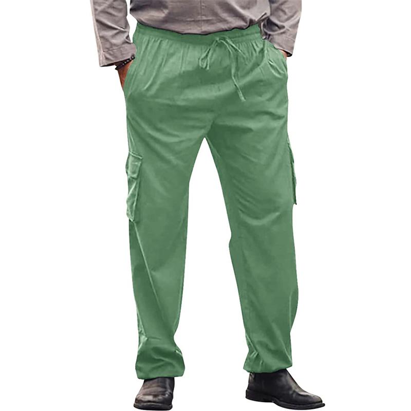 Men's Solid Linen Multi-pocket Elastic Waist Casual Trousers 85031210Z