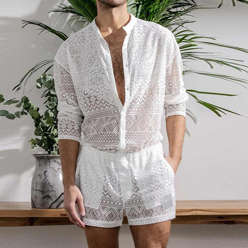 Men's Fashion Lace Round Neck Long Sleeve Shirt Shorts Set 22965585Z