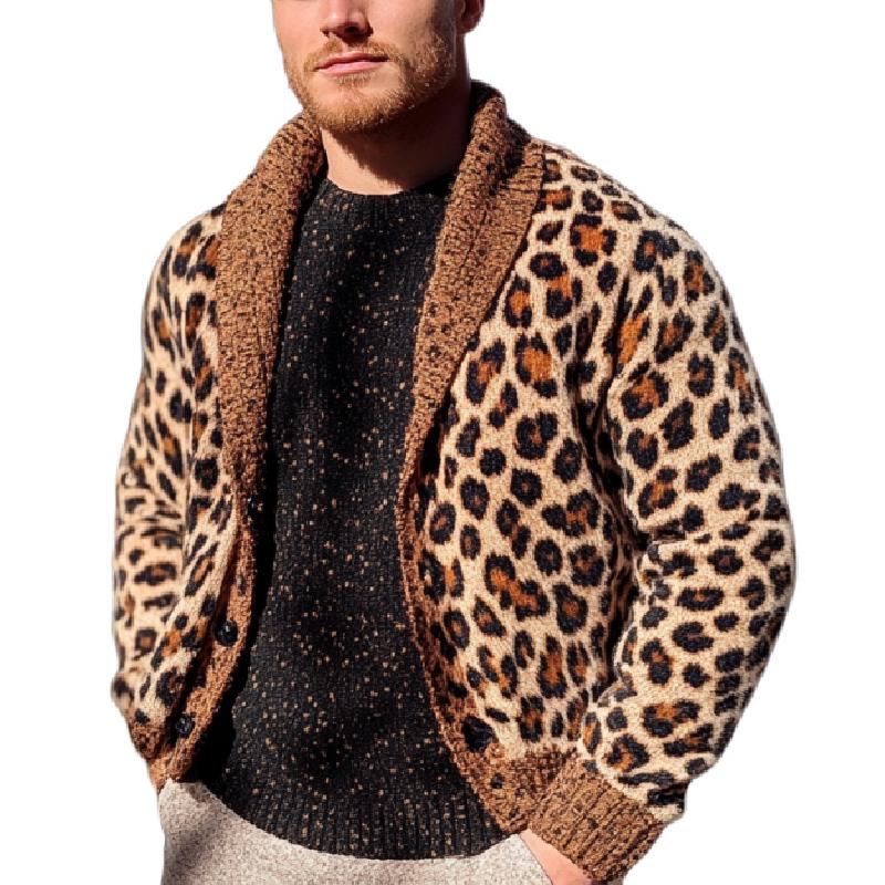 Men's Classic Casual Leopard Print Shawl Collar Knit Cardigan 23642133K