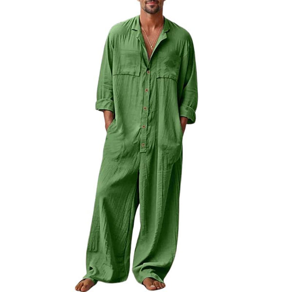 Men's Solid Color Cotton And Linen Lapel Long Sleeve Jumpsuit 12970610Z