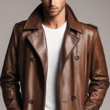 Men's Vintage Classic Thigh Length Double Breasted Leather Jacket 36549406K