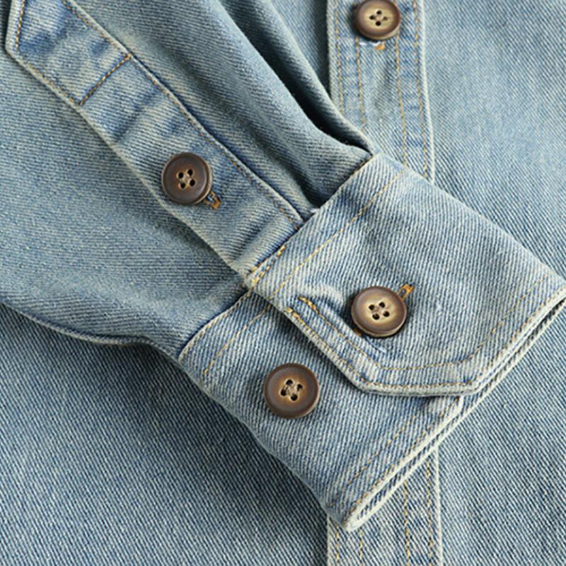 Men's Vintage Washed Cashew Flower Embroidery Long Sleeve Denim Shirt 40220583M