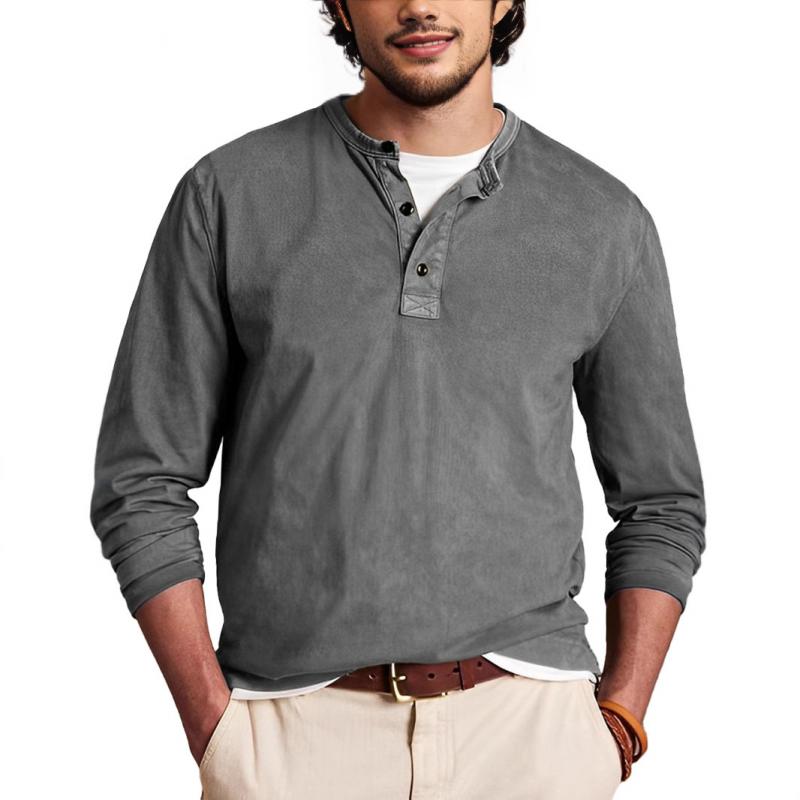 T-shirt a maniche lunghe slim fit con colletto Henley, tinta unita, casual da uomo 39494001M