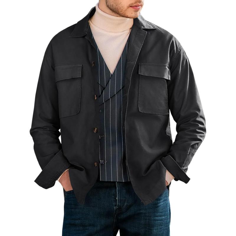 Men's Casual Solid Color Lapel Double Chest Pocket Overshirt Jacket 55514510Y