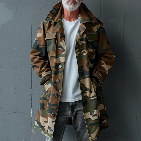 Men's Camouflage Lapel Breast Pocket Single Breasted Mid-length Cargo Trench Coat 74550095Z