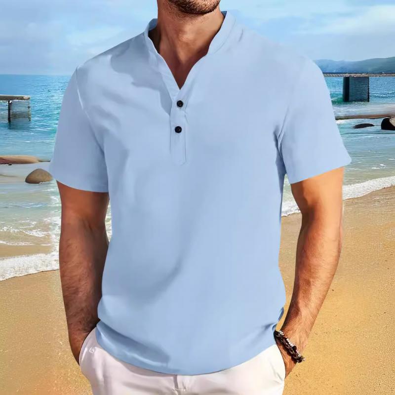 Men's Casual Cotton Linen Blend Henley Collar Short Sleeve Shirt 24699260M