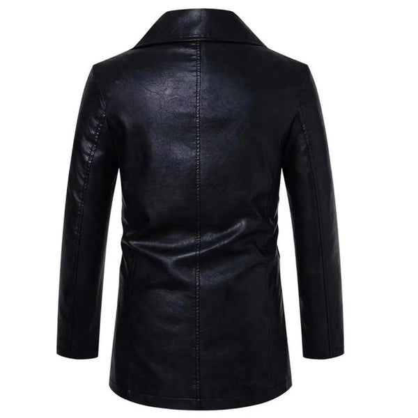 Men's Solid Color Lapel Double-Breasted Mid-Length Pu Leather Trench Coat 94907984Y