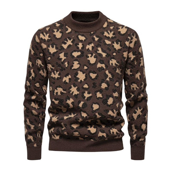 Men's Fashion Stand Collar Leopard Print Slim Fit Pullover Sweater 81270333M