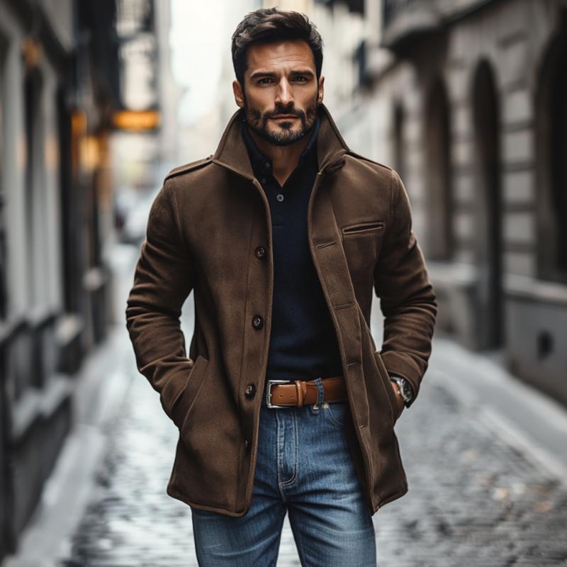 Lässiger, einreihiger Slim Fit-Mantel aus Wildleder mit Revers für Herren 72911041M