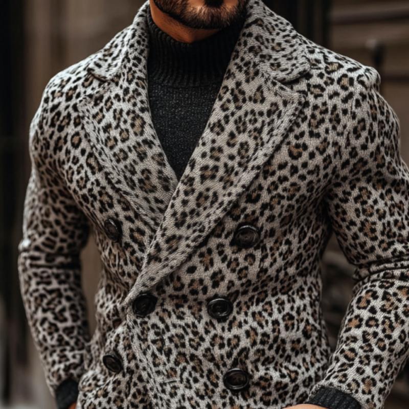 Men's Vintage Leopard Jacquard Double Breasted Knitted Blazer Cardigan 43436488Y