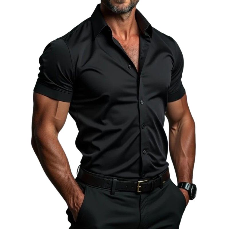 Men's Retro Casual Solid Color Lapel Short Sleeve Shirt 21523958TO