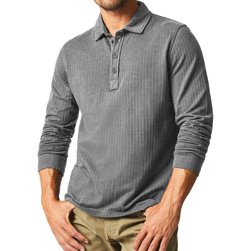 Men's Fashion Solid Color Striped Lapel Long Sleeve Casual Polo Shirt 29310386Z