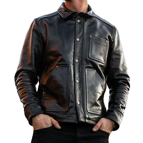 Men's Vintage Casual Solid Color Multi-Pocket Leather Jacket 06647273TO