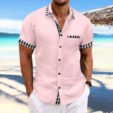 Men's Cotton And Linen Plaid Patchwork Chest Pocket Short-Sleeved Shirt 52418556Y