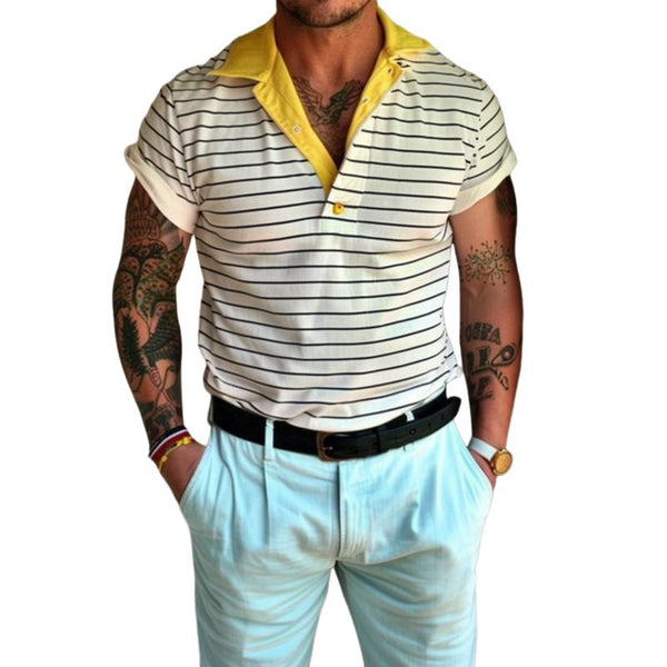 Men's Color Block Striped Lapel Short Sleeve Polo Shirt 83125268Y
