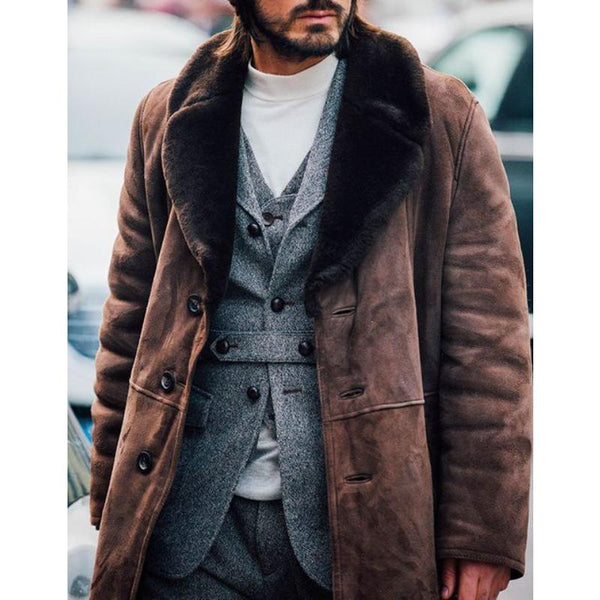 Men's Vintage Suede Stitching Fur Collar Mid-Length Coat 96124930Y