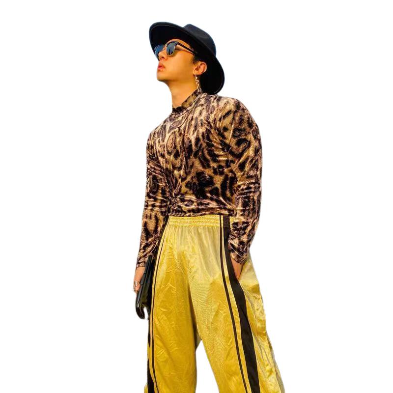 Men's Tight High Collar Leopard Print Long Sleeve T-shirt 46220416U