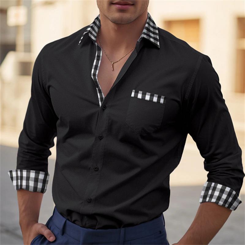 Men's Casual Check Print Lapel Stitching Long Sleeve Shirt 08823326Y