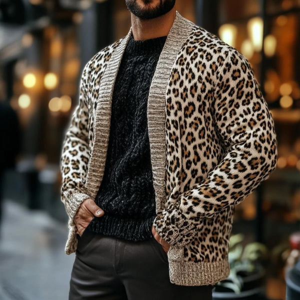 Men's Classic Casual Leopard Print Long Sleeve Knit Cardigan 24157780K