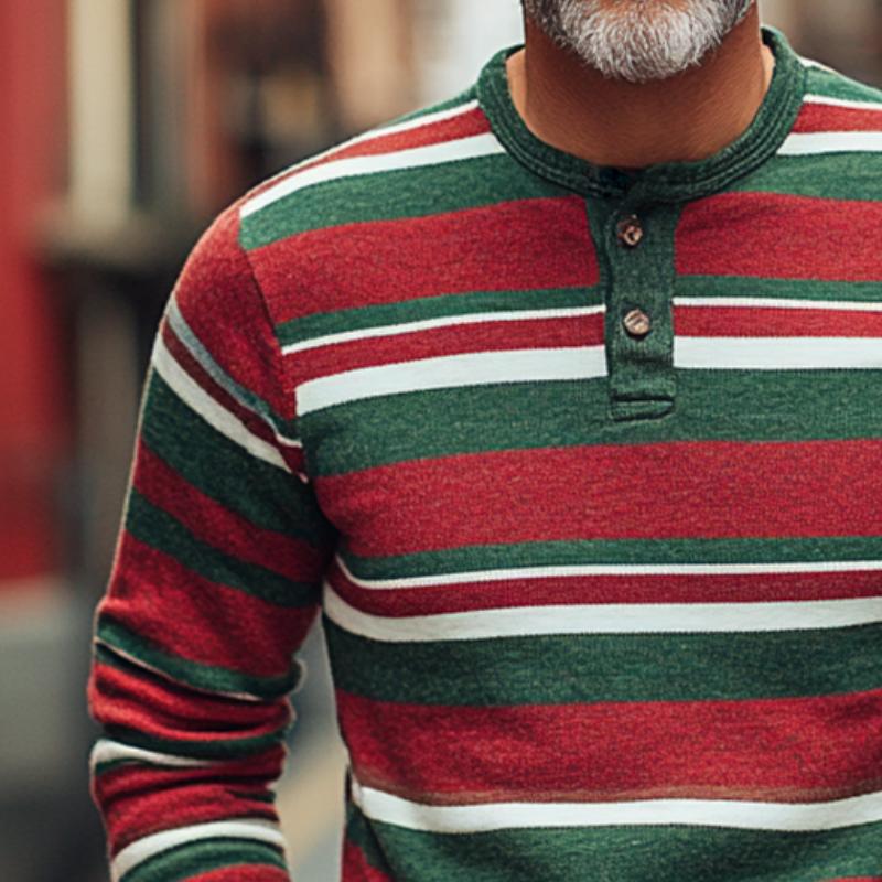 Men's Vintage Casual Christmas Striped Henley Long Sleeve T-Shirt 84532470TO