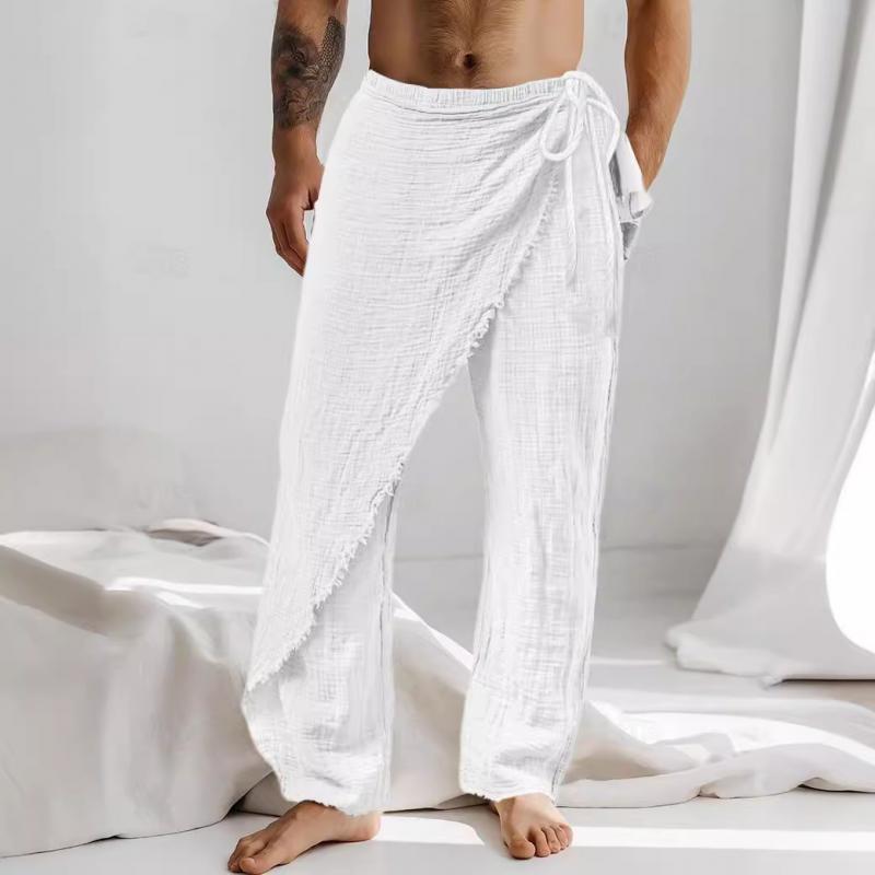 Men's Casual Linen Asymmetric Lace-Up Pants 15764668Y