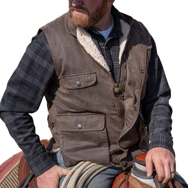 Men's Vintage Fleece Stand Collar Multi-pocket Leather Vest 64255062Z