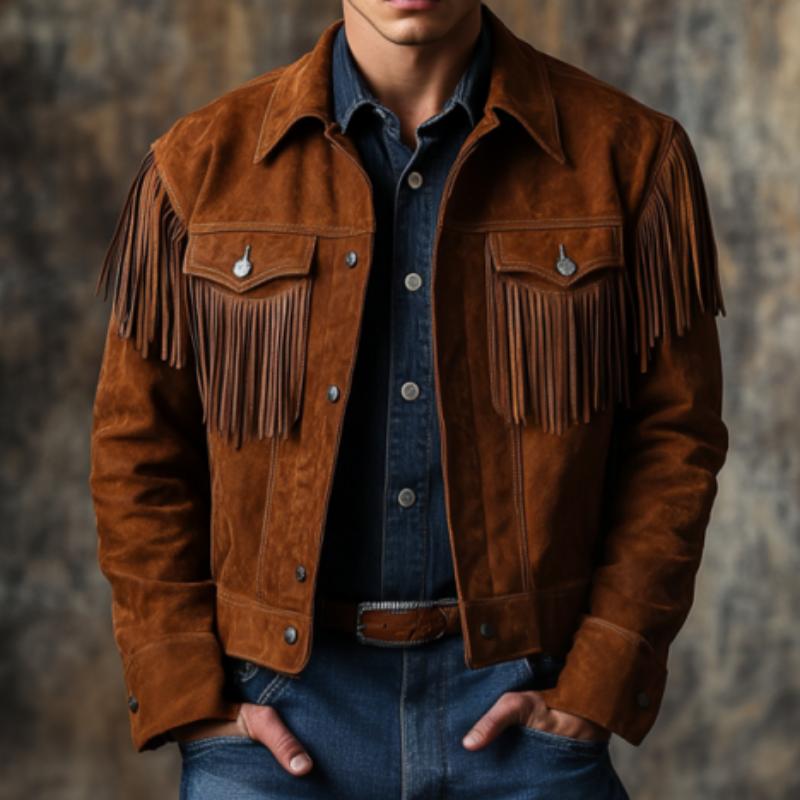 Men's Classic Western Style Fringe Suede Jacket 72145931K