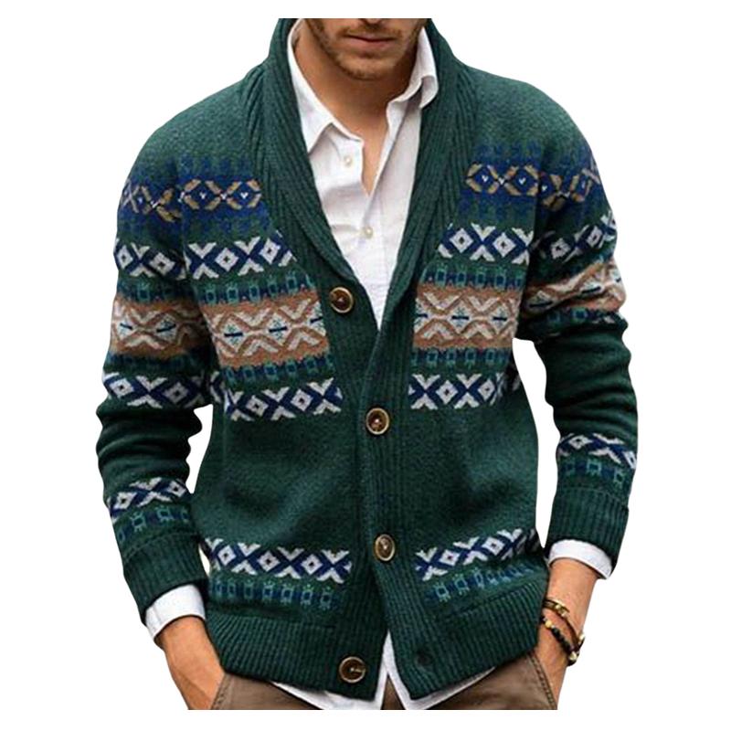 Men's Casual Lapel Long Sleeve Jacquard Knit Cardigan 55172908F