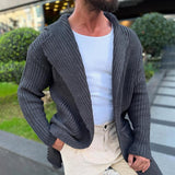 Men's Fashion Solid Color Holes Lapel Long Sleeve Knit Cardigan 36629153Z