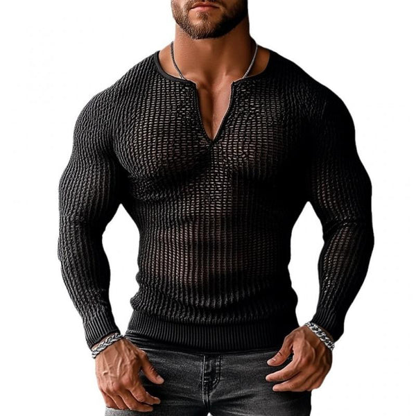 Men's Sexy Hollow Mesh V-neck Long Sleeve T-shirt 11424439M