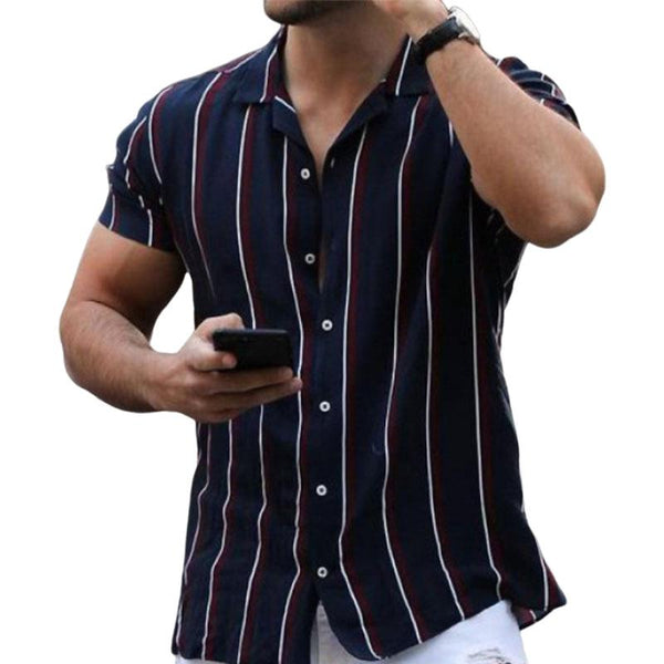 Men's Casual Striped Printed Lapel Short Sleeve Shirt 45752854Y