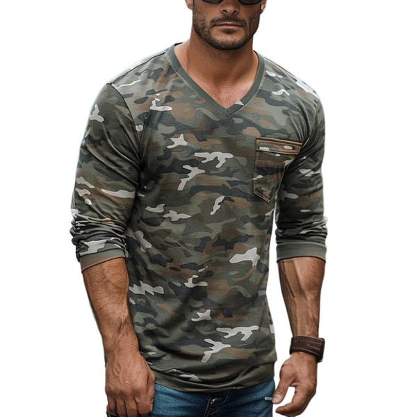 Men's Casual V-neck Camouflage Patch Pocket Slim Fit Long Sleeve T-shirt 73212758M