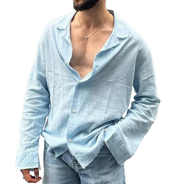 Men's Solid Cotton And Linen Loose Lapel Long Sleeve Shirt 01862358Z