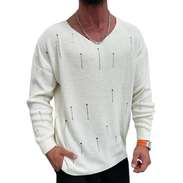 Men's Fashion Solid Color Holes V Neck Long Sleeve Knit Sweater 15031462Z