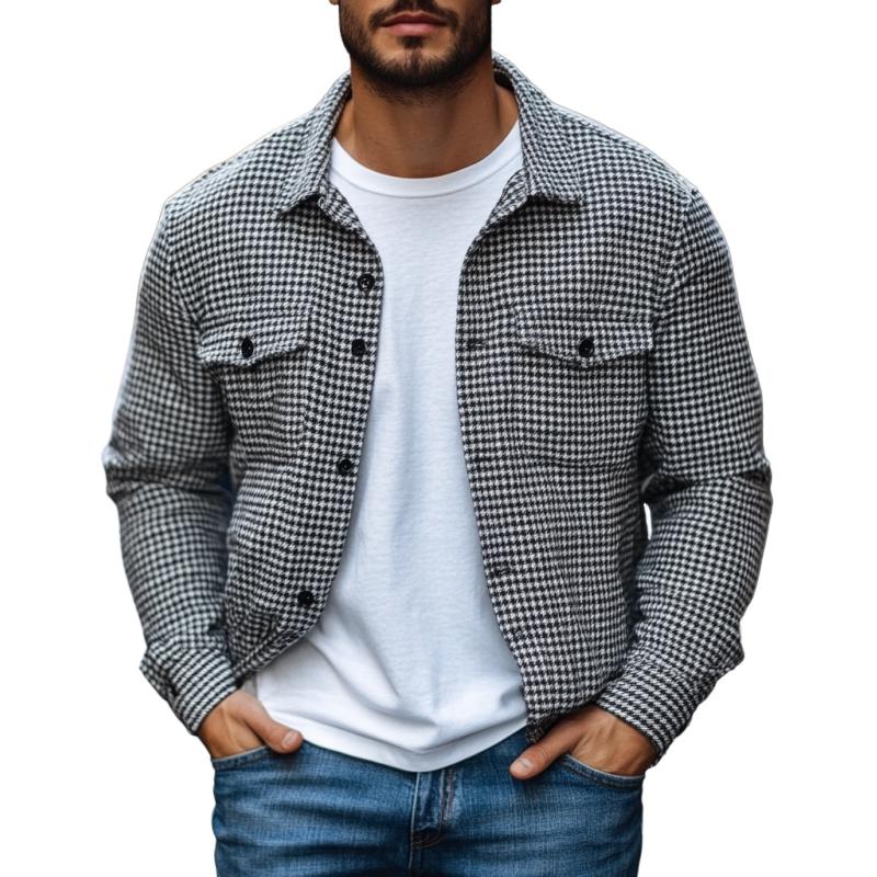 Men's Vintage Casual Houndstooth Lapel Flap Pocket Loose Shirt Jacket 08237082M