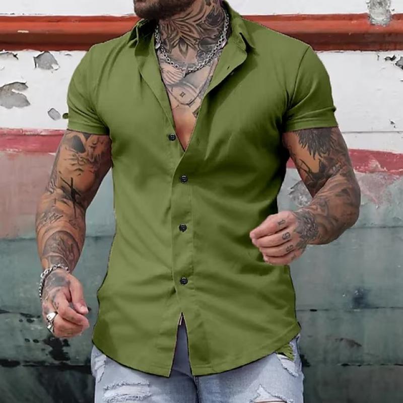 Men's Solid Lapel Short Sleeve Sports Fitness Shirt 23811118Z