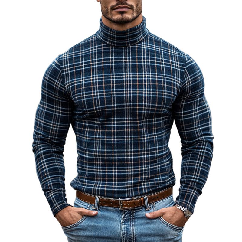 Men's Vintage Checked High Collar Long Sleeve Casual T-shirt 66258820Z