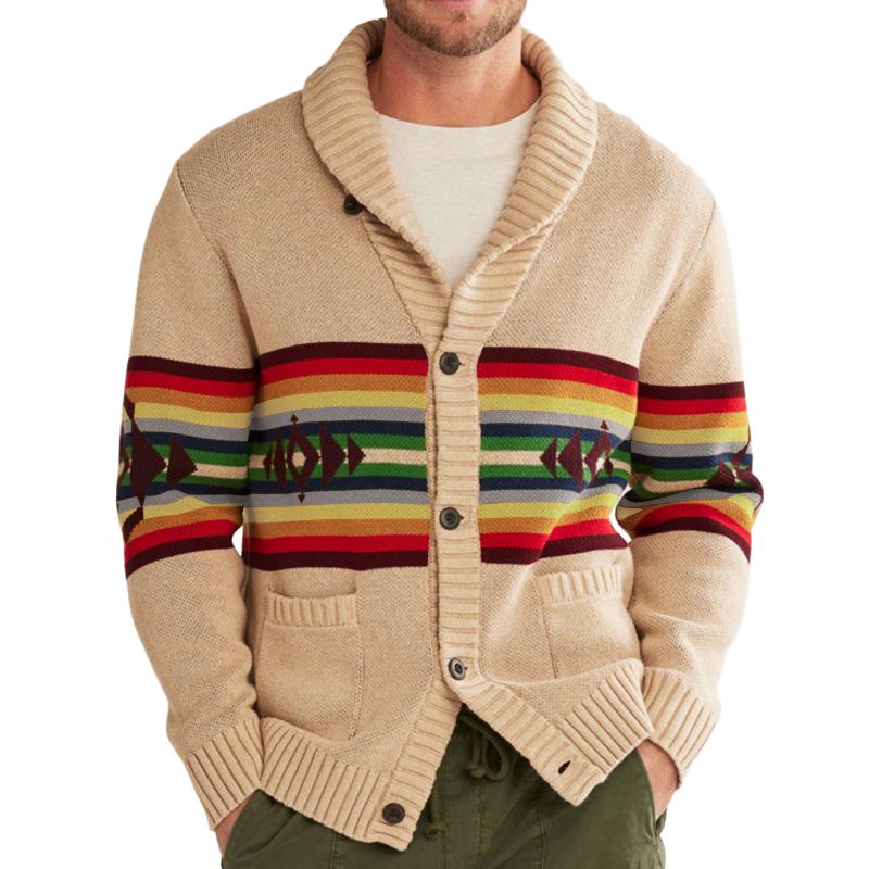 Men's Vintage Colorblock Stripe Jacquard Lapel Single Breasted Knit Cardigan 47195648M