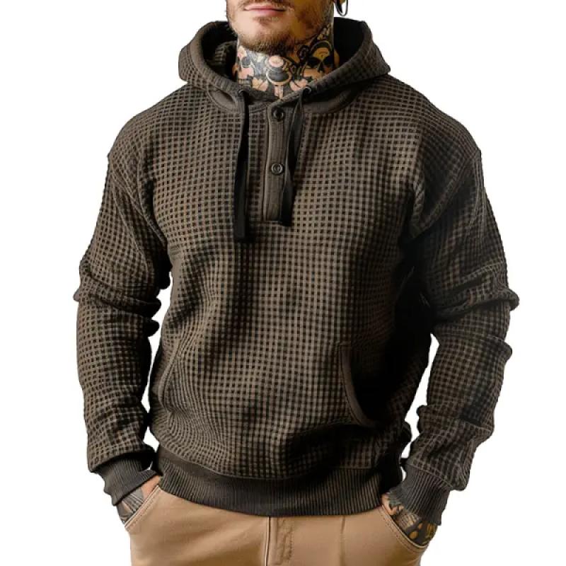 Men's Retro Waffle Kangaroo Pocket Button Hoodie 12493279Y