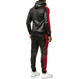 Men's Color Block Leather Hooded Zipper Jacket Trousers Casual Set 53659156Z